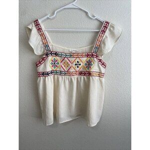 Blu Pepper Embroidered Peasant Top Colorful Details‎ Square Neckline